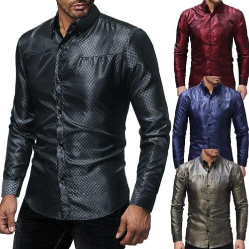 Mens Plaid Shirt Long Sleeve Turn Down Collar Cardigan Shirt with Diamond Jacquard Design Casual Single-Breasted Tops