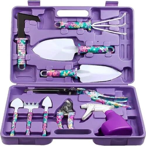Garden Tool Set 10 Pcs Gardening Tools Kit with Purple Flower Print Ergonomic Handle Trowel Rake Weeder Pruner Shears Sprayer