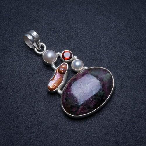 Natural Rhodonite,Biwa Pearl,River Pearl and Garnet Handmade Mexican 925 Sterling Silver Pendant 2" U0331