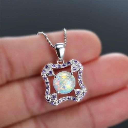 Cute Round Zircon Hollow Chain Necklace Female White Orange Opal Pendant Necklaces For Women Charm Silver Color Wedding Necklace