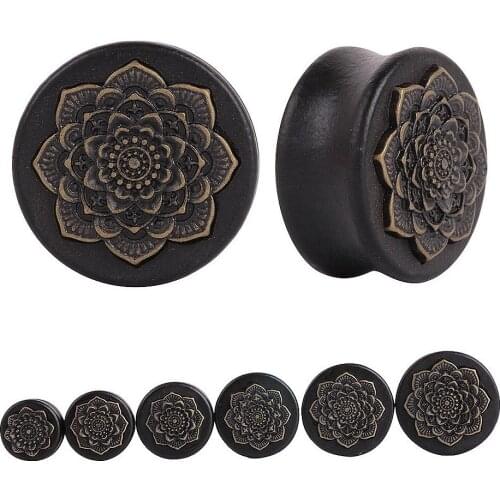 PAIR Ear Gauges Plugs Piercing Ear Expander Natural Wooden Plugs Mandala Flower Gauges Flesh Ear Tunnels Body Piercing Jewelry