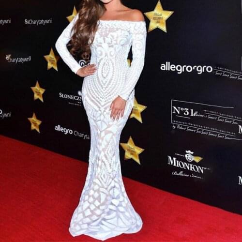 Women Sexy Slash Neck Long Sleeve Off Shoulder Sequin Balck White Dresses Female Retro Elegant Maxi Dress Vestidos