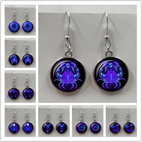 12 Constella Leo Virgo Stud Earrings Glass Hooded Zodiac Sign Earrings Silver Plated, Bronze, Womens Kids Birthday
