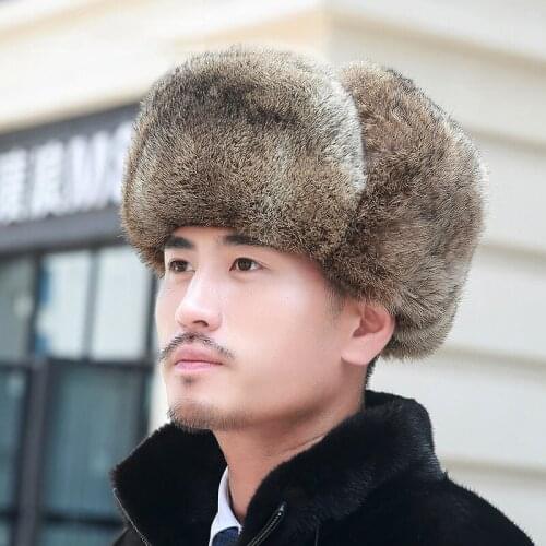 Lantafe Men Hat Winter Hat Bomber Hats Lei Feng Cap Russian With Rabbit Fur Earmuffs Keep Warm Real Fur Unisex Style