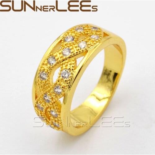 SUNNERLEES High Quality New Fashion Jewelry Women Girl Wedding Party Gift Clear Cubic Zirconia Gold-Color Rings R46 Y