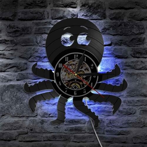 Ocean Animal Octopus Mollusk LED Wall Lamp Vinyl Record Wall Clock Octopus Bedroom Wall Watch Decorative Lighting