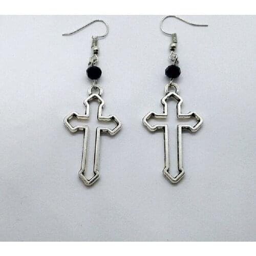 Gothic Cross with Black Glass Earrings Beads Hollow Cross Dangle Silver Colour Goth Jewelry Fashion Novelty Women Gift Friend
