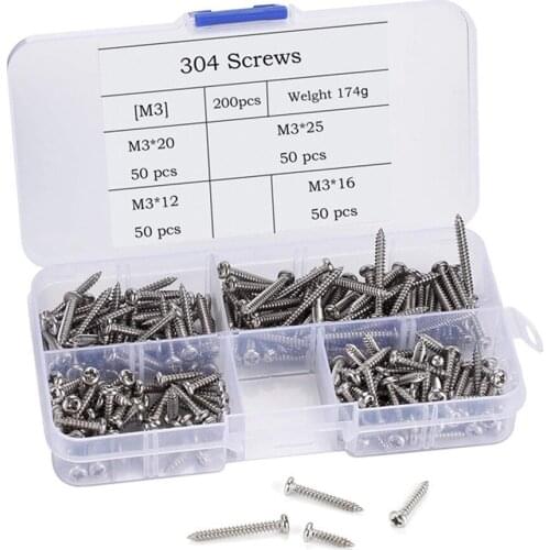 200pcs M3 Cross Round Head Self Tapping Screws Assortment Kit 12/16/20/25 Size 304 stainless steel Wood Screw Hardware Parts