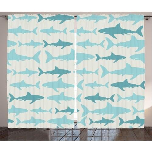 Shark Curtains Dangerous Big Fish Art in Blue Palette Satin Fabric Drapes for Living Room Bedroom 2 Panel Window Set