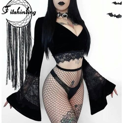 Fitshinling Lace Patchwork Gothic Velvet T-Shirts For Women V Neck Autumn Winter Crop Top Grunge Slim Sexy Black Female T-Shirt