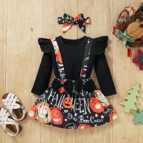 0-3Y Baby Halloween Costume 3pcs Newborn Infant Girl Black Long Sleeve T-shirt Halloween Pumpkin Print Suspender Skirt Headband