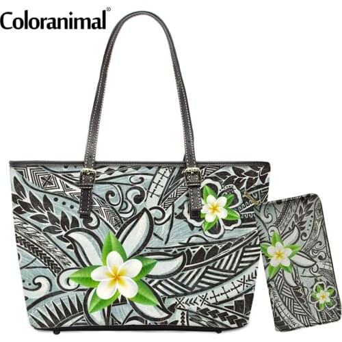 Coloranimal Hawaiian Slate Ocean Plumeria Print Shoulder Bag for Women Ehthic Design Messenger Bag 2Pc/Set PU Crossbody Bag Tote