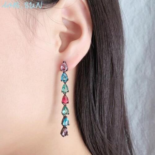 MHS.SUN luxury cubic zircon women jewelry long crystal stud earrings for female colors zircon earrings for girls christmas gift