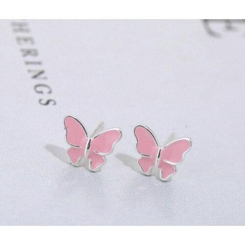 REETI 925 Sterling Silver Pink butterfly Stud Earrings For Women Trend Personality Lady Fashion Jewelry