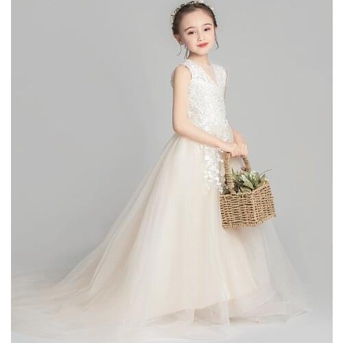 Champagne Girls Dress Flower Mesh Embroidery Christmas Ball Gown Evening Party Dresses For Princess Flower Girls Wedding Dress