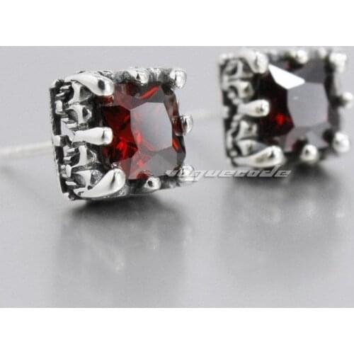 925 Sterling Silver Square Red CZ Mens Biker Rocker Stud Earring 8R001