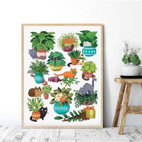 Abstract Tropical Plants Cat Wall Art Canvas Painting Nordic Posters And Prints Wall Pictures For Living Room Botanical Decor