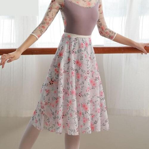 Ballet Tutu Skirts Middle Long Chiffon Watercolor Printed Ballet Skirt Adult Women Lyrical Soft Lace Up Dance Practice Skirts