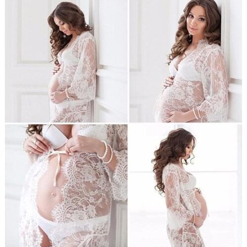 Off White Matenity Gown Photo Shoot Maternity Photography Props Lace Dresses Knee Length Lace Maternity Maxi Dress See Through