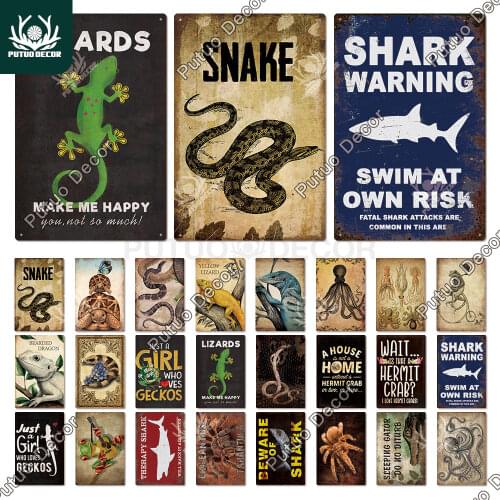 Putuo Decor Cold-blooded Animal Vintage Metals Tin Sign Lizard Spider Shark Funny Sign for Bar Pub Club Man Cave Wall Decoration