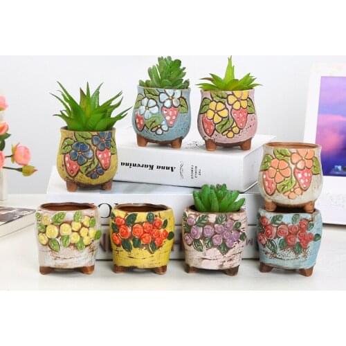 Succulent Plant Pots Hand-painted Plant Flower Embossed Balcony Desktop Stoneware Breathable Fleshy Ceramic Pot Ware