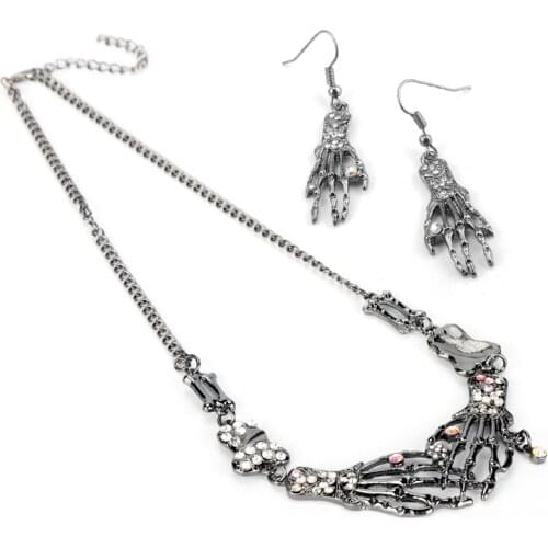 Halloween Jewelry Set Necklace Earrings Rhinestones Punk Gothic Skull Bone Hand Claw long Necklace Women Sweater Chain Choker