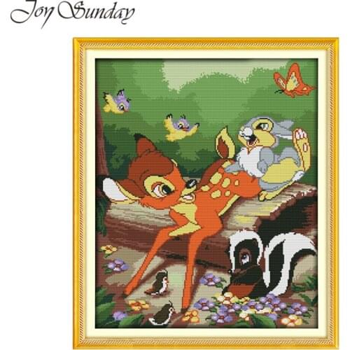 Joy Sunday Forest Deer Cartoon Paintings Counted Printed on Canvas 14CT 11CT Cross Stitch Patterns DIY Handwork Embroidery sets