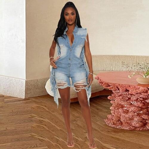 Side Tassels Patchwork Rompers Womens Jumpsuit Casual Turn Down Collar Sleeveless Playsuit Streetwear Hollow Out Ripped Outfit