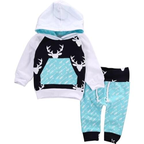 Pudcoco US Stock 2pcs Newborn Toddler Kids Boy Girl Clothes Warm Cotton Long Sleeve Deer Hooded Tops +Pants Baby Clothing Set