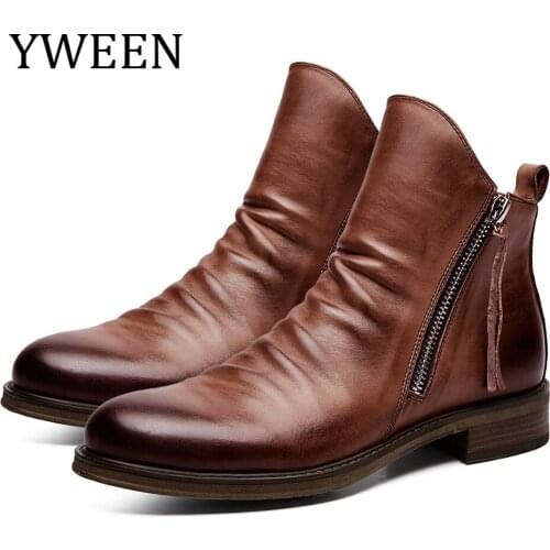 YWEEN Original Leather Boots Men 2020 Autumn Shoes Male Leather Casual Boots Men Comfy Anti-Slip Lace-up Boots