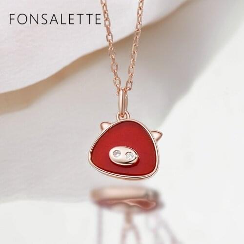 Cute Onyx Pig Pendant Necklace 925 Sterling Silver Red Agate Lucky Animal Chain Choker Necklaces for Women Lovely Jewelry Gifts
