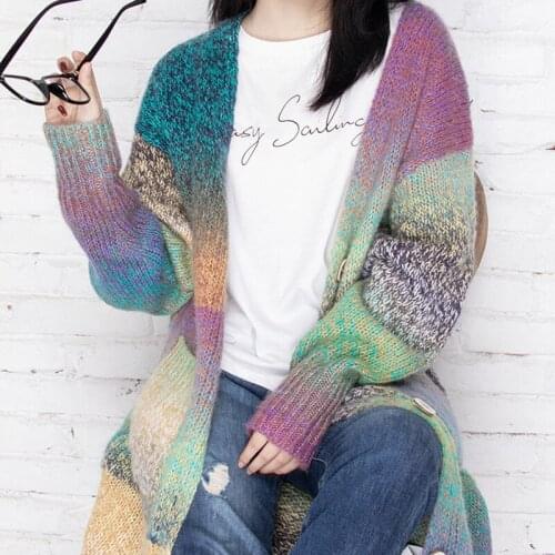 Autumn winter new fund rainbow stripe knits cardigan female to spell color loose languid lazy wind long sweater coat