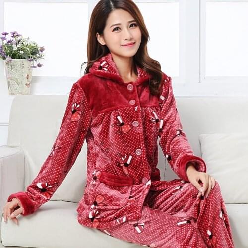 Girls Long Sleeve Pajamas Suit Female Flannel Warm Housewear Students Thickened Coralline Velvet Pajamas Long Sleeved D-2050