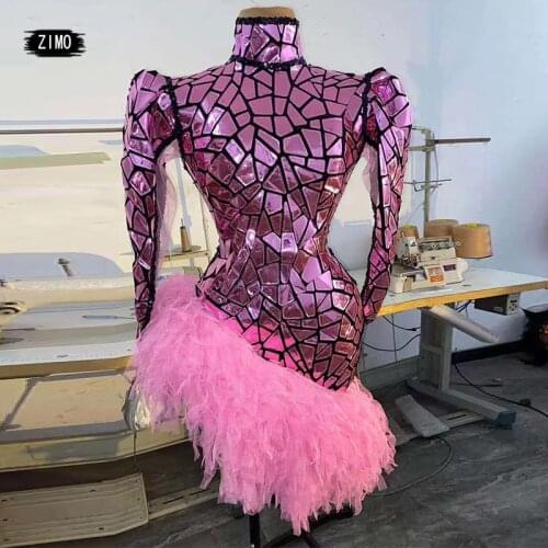 Mirror Dress Stage dance Costume for Women pink long sleeve backless tight lace Sexy Party Prom Birthday Dresses club celebrit