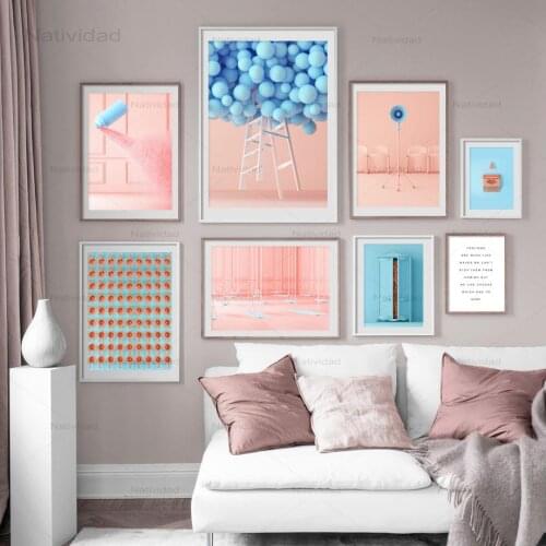 Blue Balloon Door Pinky Wall Paint Quotes Nordic Posters and Prints Wall Art Canvas Painting Wall Pictures for Living Room Decor