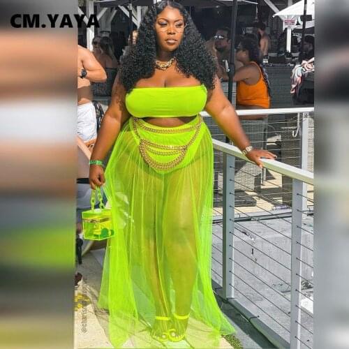 CM.YAYA Women Plus Size Set Solid Mesh See-through Strapless Crop Tops Loose Skirts with Paties Two 2 Piece Sets Outfit Summer
