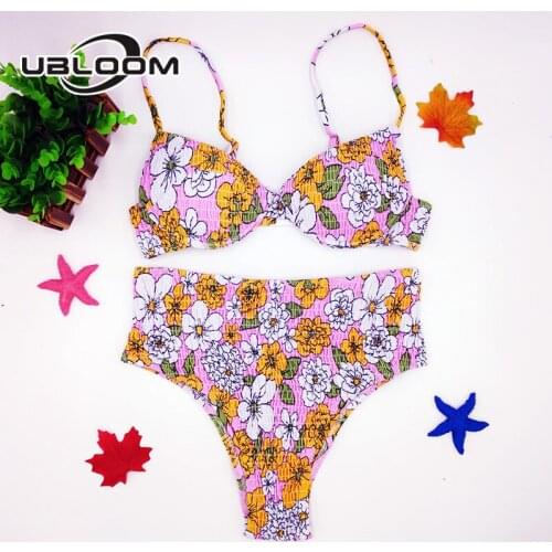 Sexy Underwired Push Up Bikini Set Ruched Bandeau Swimsuit Bikinis Women High Waist Bathing Suit Swimwear Floral Print Beachwear