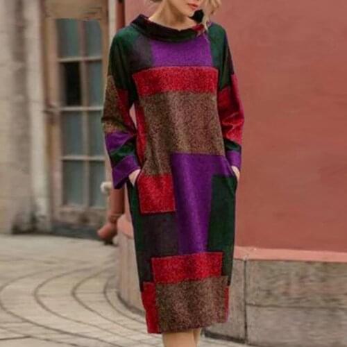 Vintage Colorful Dress Female O-neck Full-sleeve Winter Dresses Stitching Casual Fashion Skirts Pocket Design Ladies New Dress