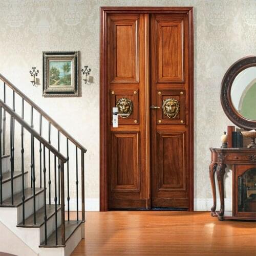 Retro Wooden Door Stickers PVC Waterproof Wallpaper For Doors Living Room Bedroom Home Decor Mural DIY Renovation Decal Red Wood