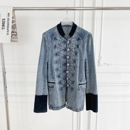 Color Patchwork Women Stitching Denim Coat Ladies Vintage Stand Collar Long Sleeve Jackets Single-Breasted Cardigan 2021 New