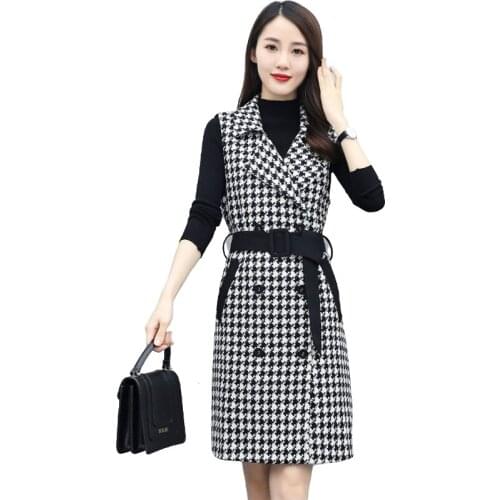 Sleeveless Blazer Vest 2021 Spring Autumn Houndstooth grid Loose Woolen Vest Long Waistcoat Women Outwear