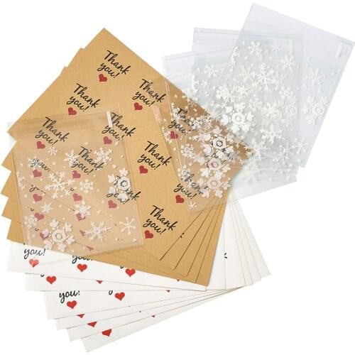 1 Set 9.9x10cm Clear Printed Plastic Bags Food Birthday Party Gift Candy Storage Bag with Adhesive Snowflake and Sealing Sticker