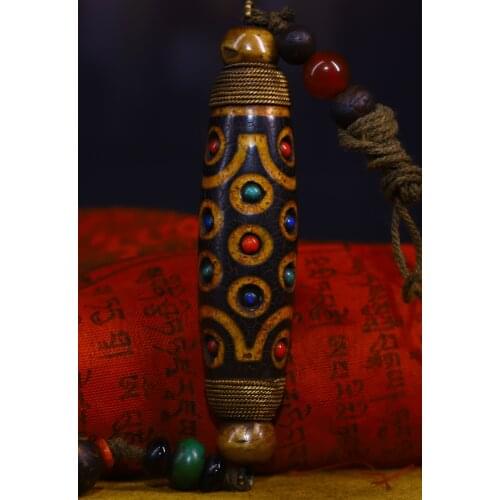 4"Tibet Temple Collection Old Natural agate Filigree mosaic Gem Dzi Bead Nine Eyes Dzi Pendant amulet Town House Exorcism
