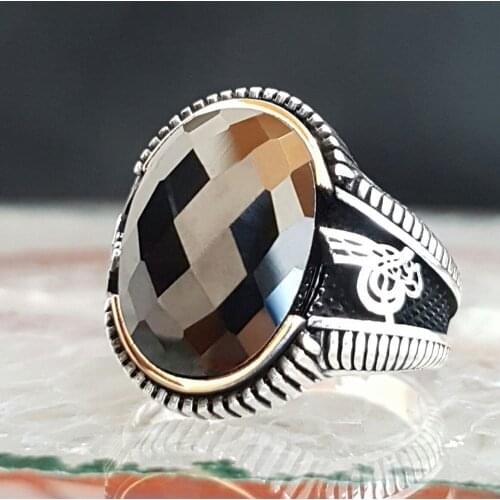 925 sterling Silver Zircon Stone Tuğra Detailed Male Ring