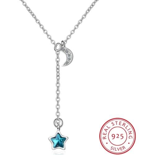 925 Sterling Silver moon zirconia blue strar Minimalist Pendant Necklace Minimalist Fine Jewelry For Women Party Accessories