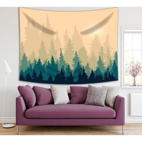 Tapestry Fir with Landscape Trees Forest under Shining Sun Silhouettes Mountain Nature View Green Beige Print