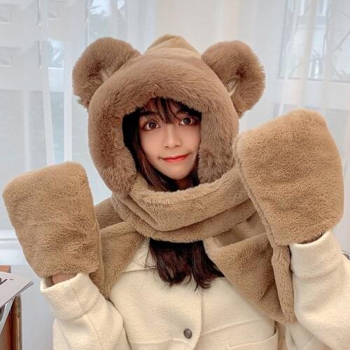 Scarf Set Women Winter Caps Warm Cute Bear Ear Hat Casual Flannel Hat Scarf Gloves Set Fleece Caps Essential for cycling 2021