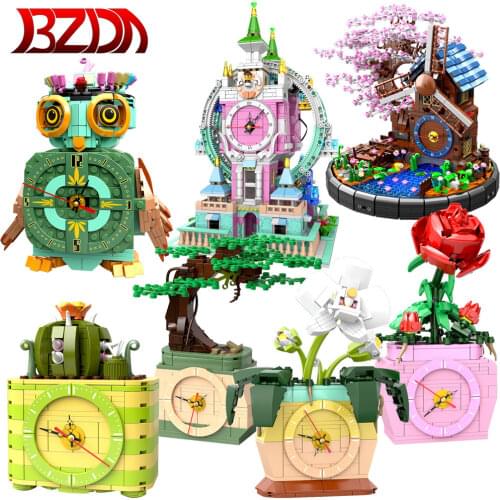 City Creative Electronic Clock Series Rose Flowers Orchid Tree Cactus Sakura Windmill Model Building Blocks Home Accessories Toy