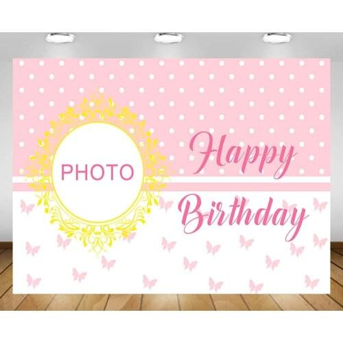 Mehofond Pink Happy Birthday Backdrop Girl White Polka Dots Butterfly Photo Custom Photography Background Banner Photo Studio