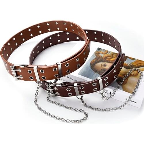 New Fashion Womens Single Double or Rivet Grommet Belt Punk Waist Belt with Chain Detachable 2 Hole Belt